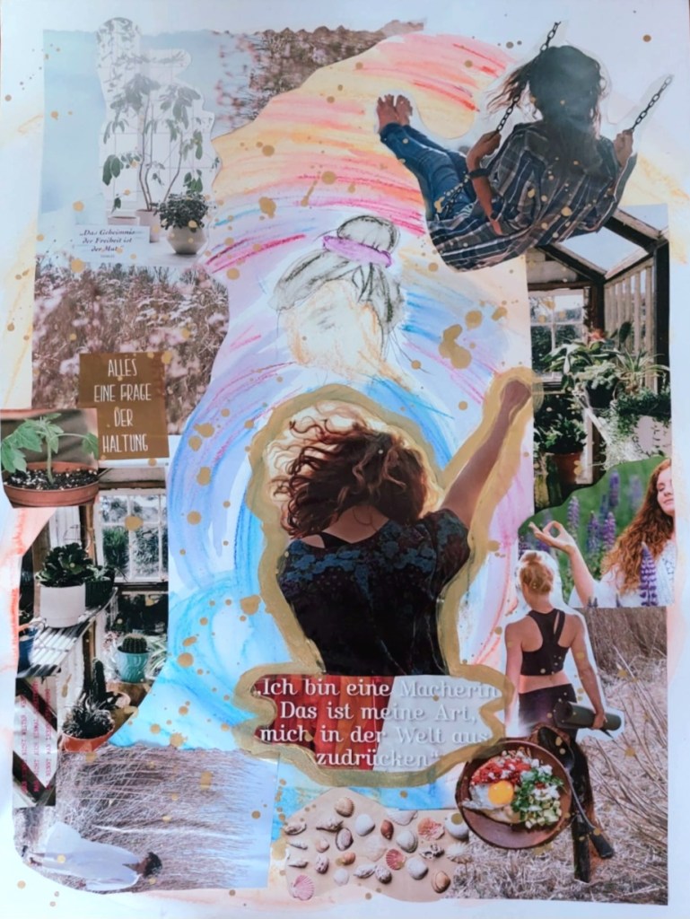 Ein Visionboard, also eine Collage bestehend aus gemalten und geklebten Bildern. Zum Beispiel eine Frau, die Schaukelt, die meditiert, eine Frau mit Yogamatte, gesundes Essen, Pflanzen.